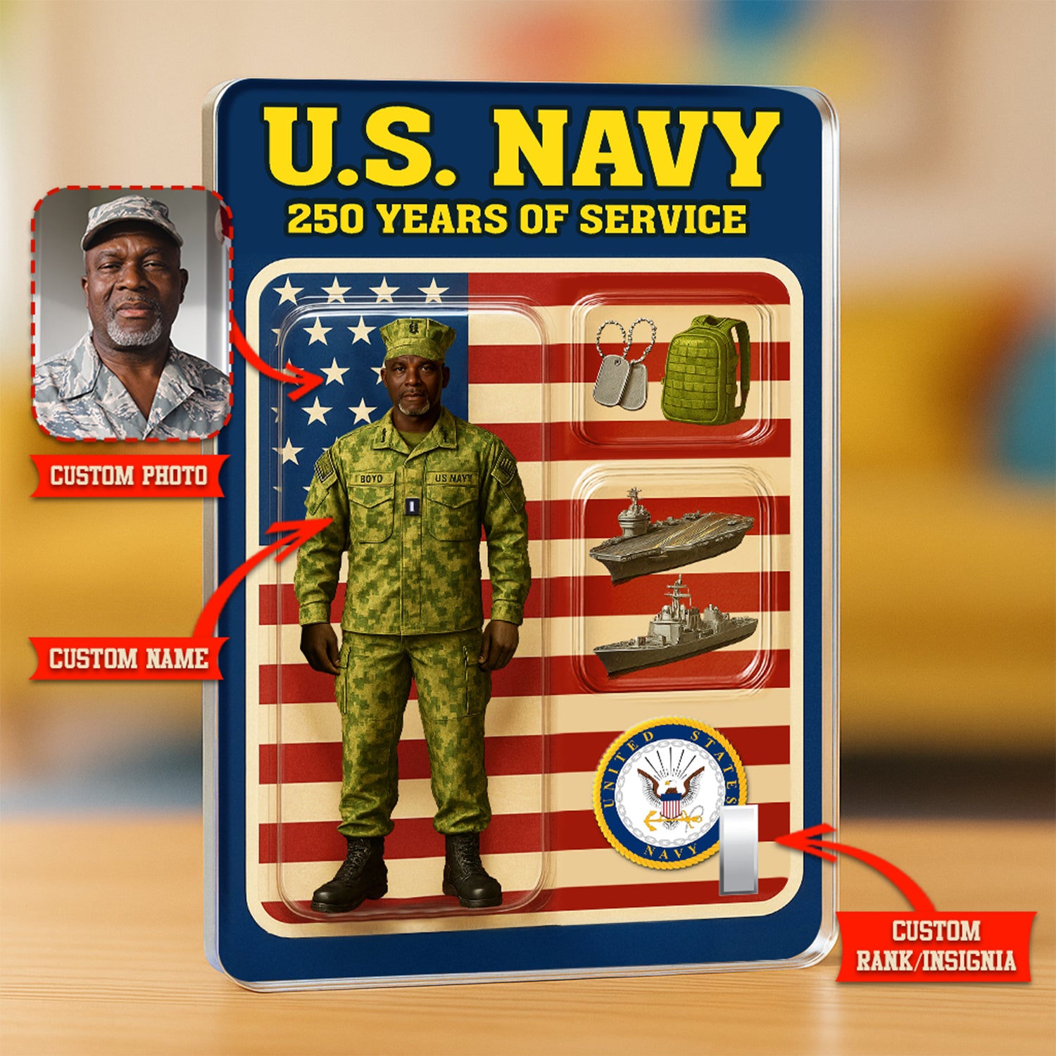 Personalized US Navy 250th Years Of Service Custom Figure Officer Working Uniform Acrylic Block