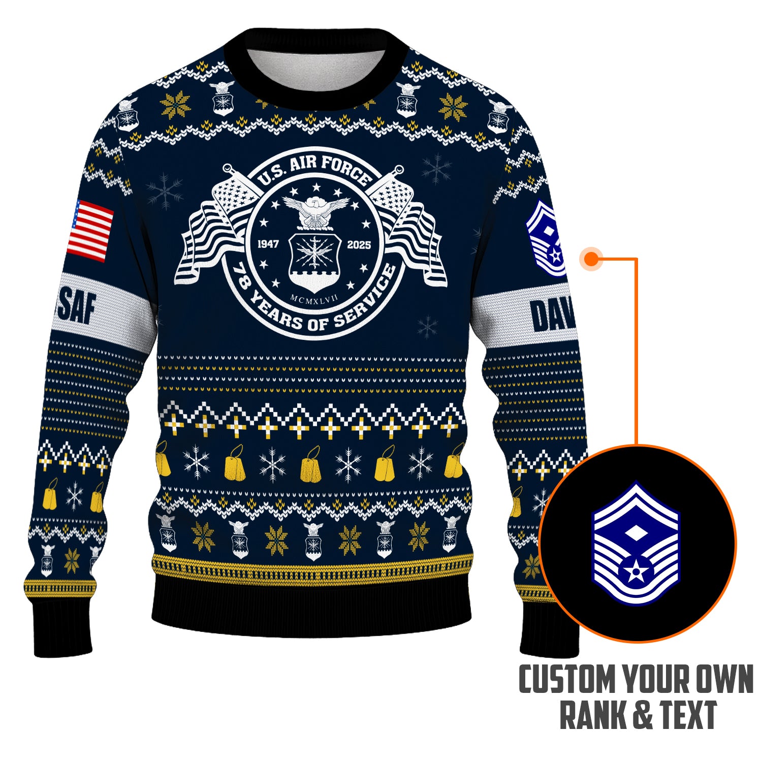 Custom Ranks And Text US Air Force Ugly Christmas Sweater for Women Men JUST04
