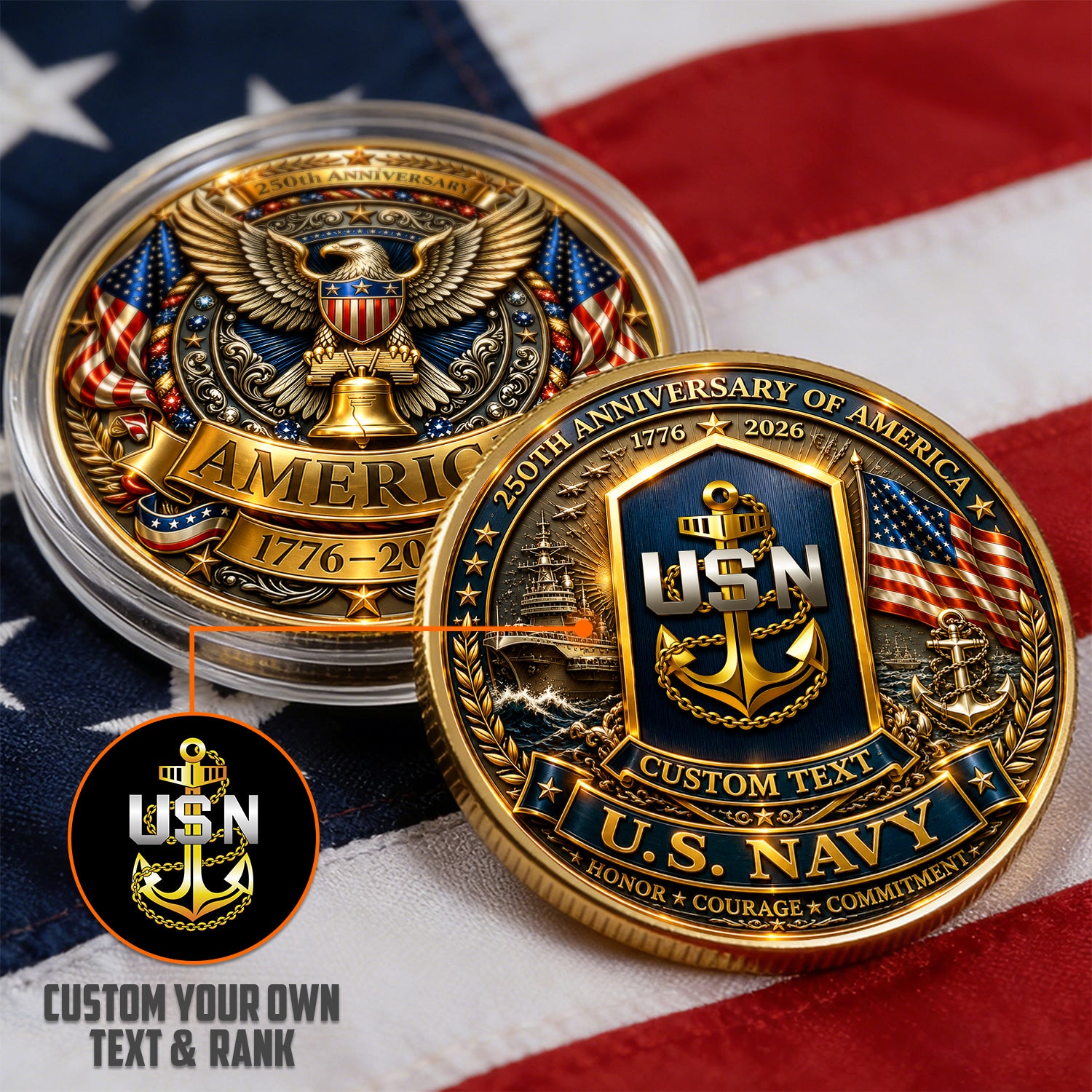 U.S. Navy Military Coin Personalized Text And Rank