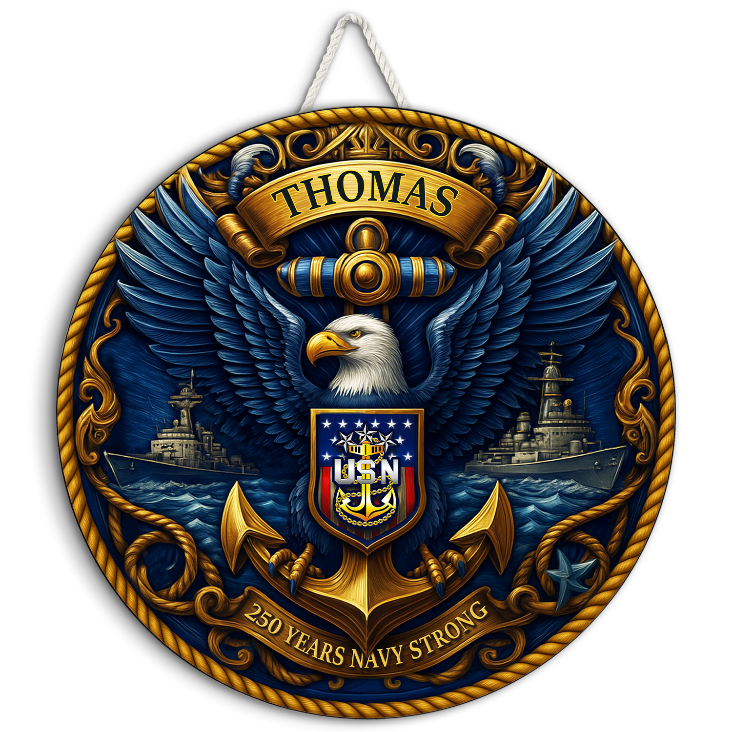 US Navy 250 Years Strong Eagle Round Sign – Personalized Navy Pride Wall Art