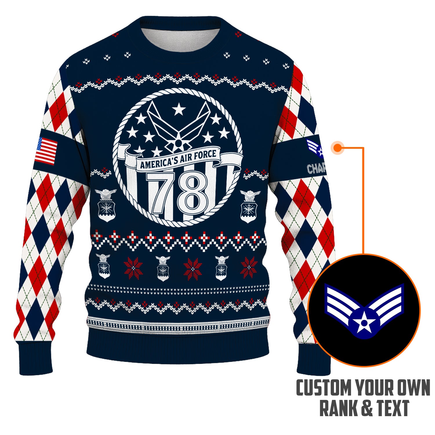 Custom Ranks And Text US Air Force Ugly Christmas Sweater for Women Men JUST05