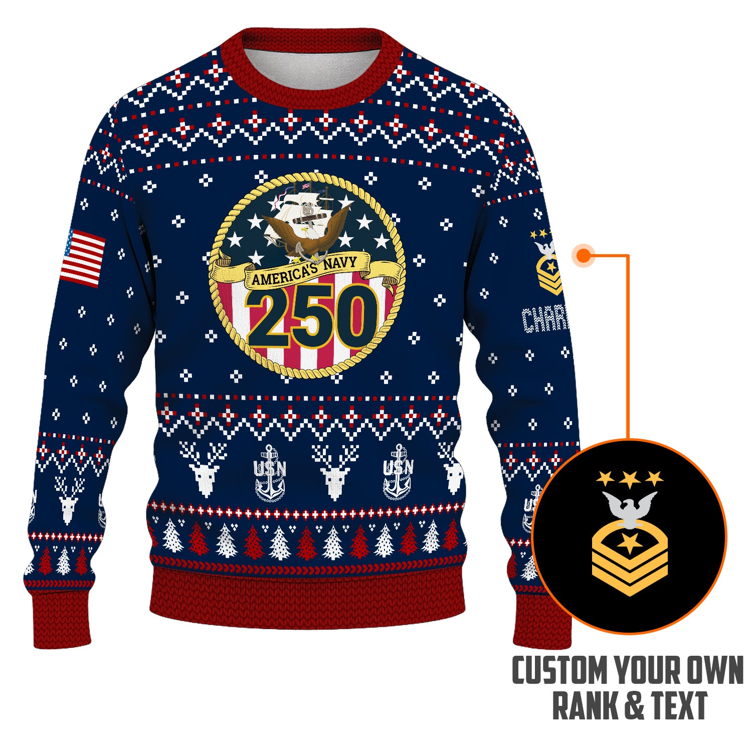 Custom Ranks And Text US Navy Ugly Christmas Sweater for Women Men JUST01