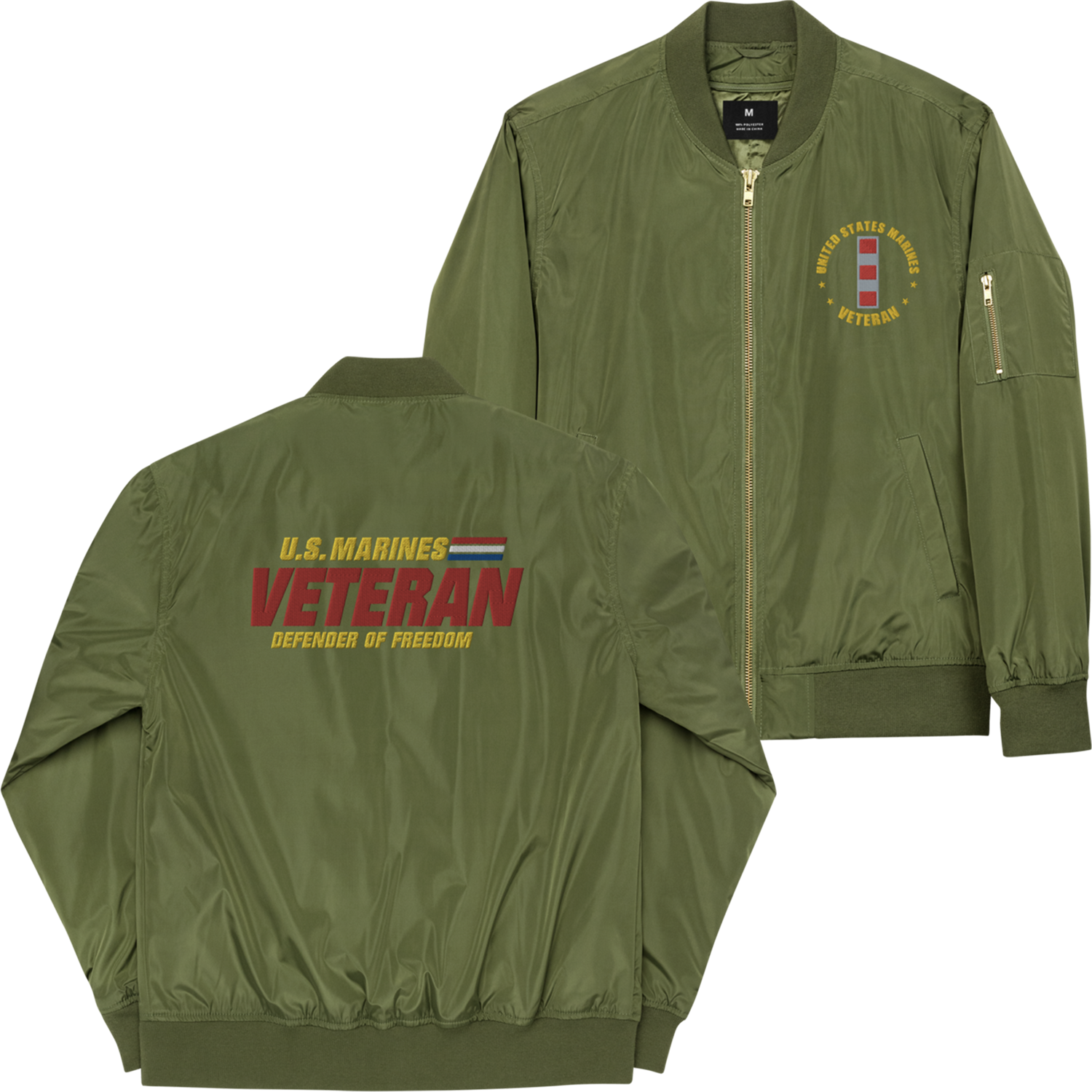 US Marines Veteran Defender Of Freedom, Custom MARlNE Ranks, Insignia On Left Chest, Embroidered Recycled Bomber Jacket