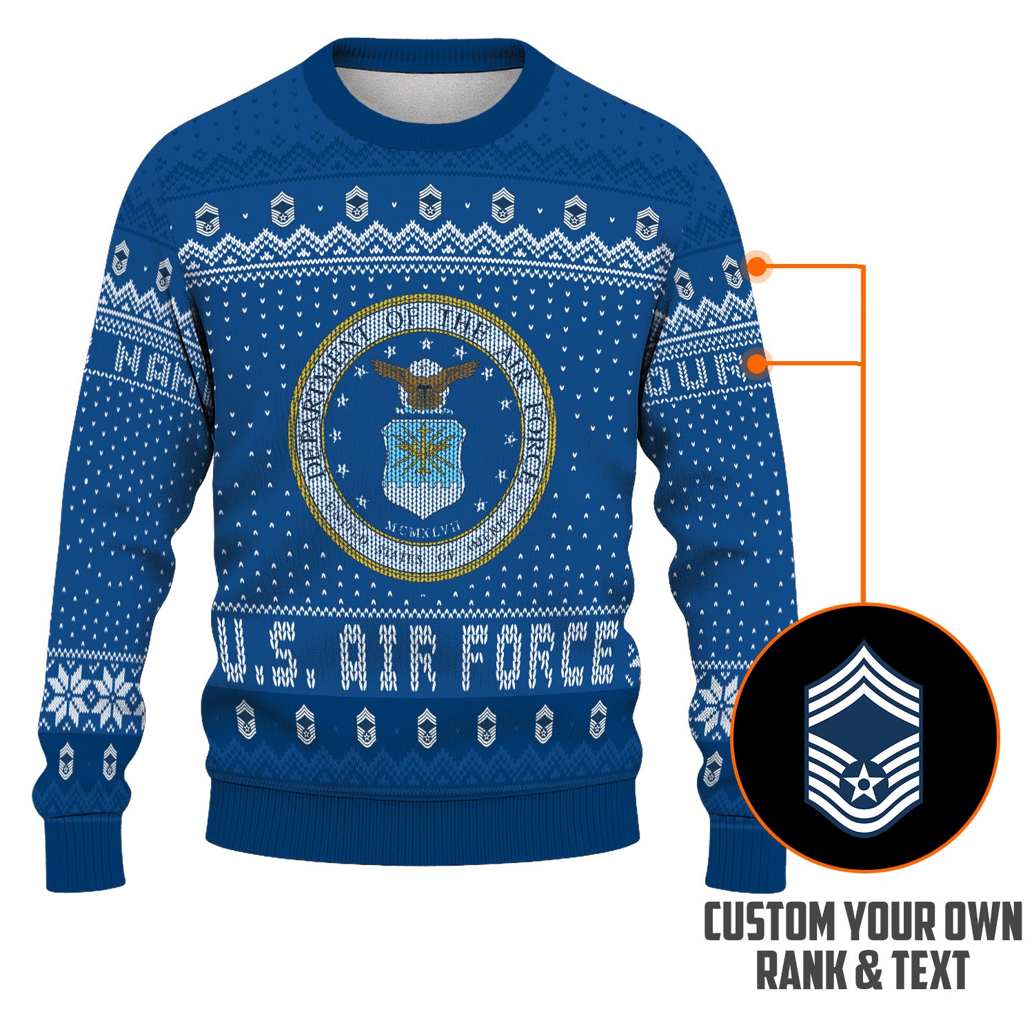 Custom Ranks & Text US Air Force Ugly Christmas Sweater for Women Men TUST04
