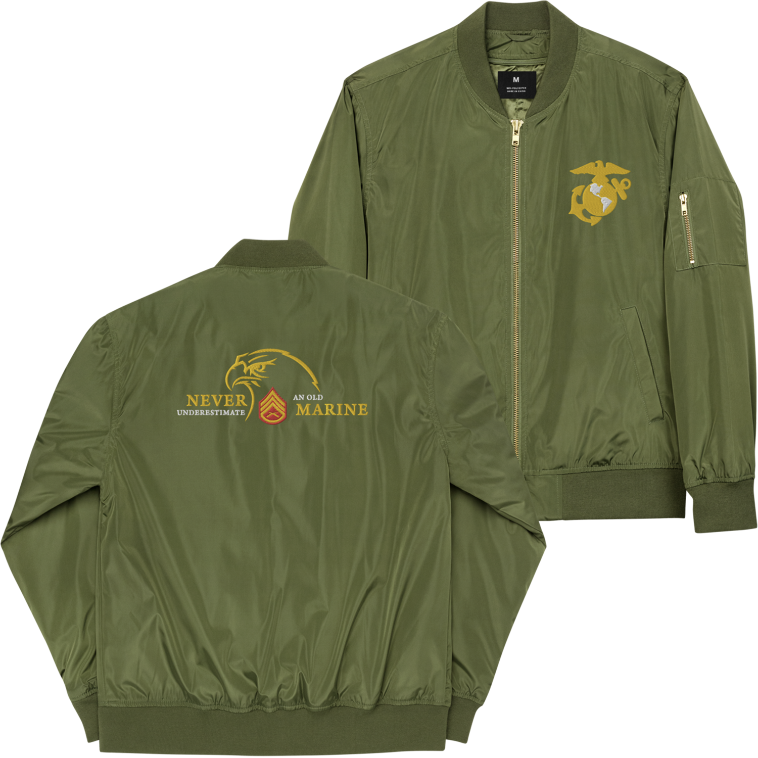 Never Underestimate An Old Marine, Custom MARlNE Ranks, Insignia On Back, Embroidered Recycled Bomber Jacket