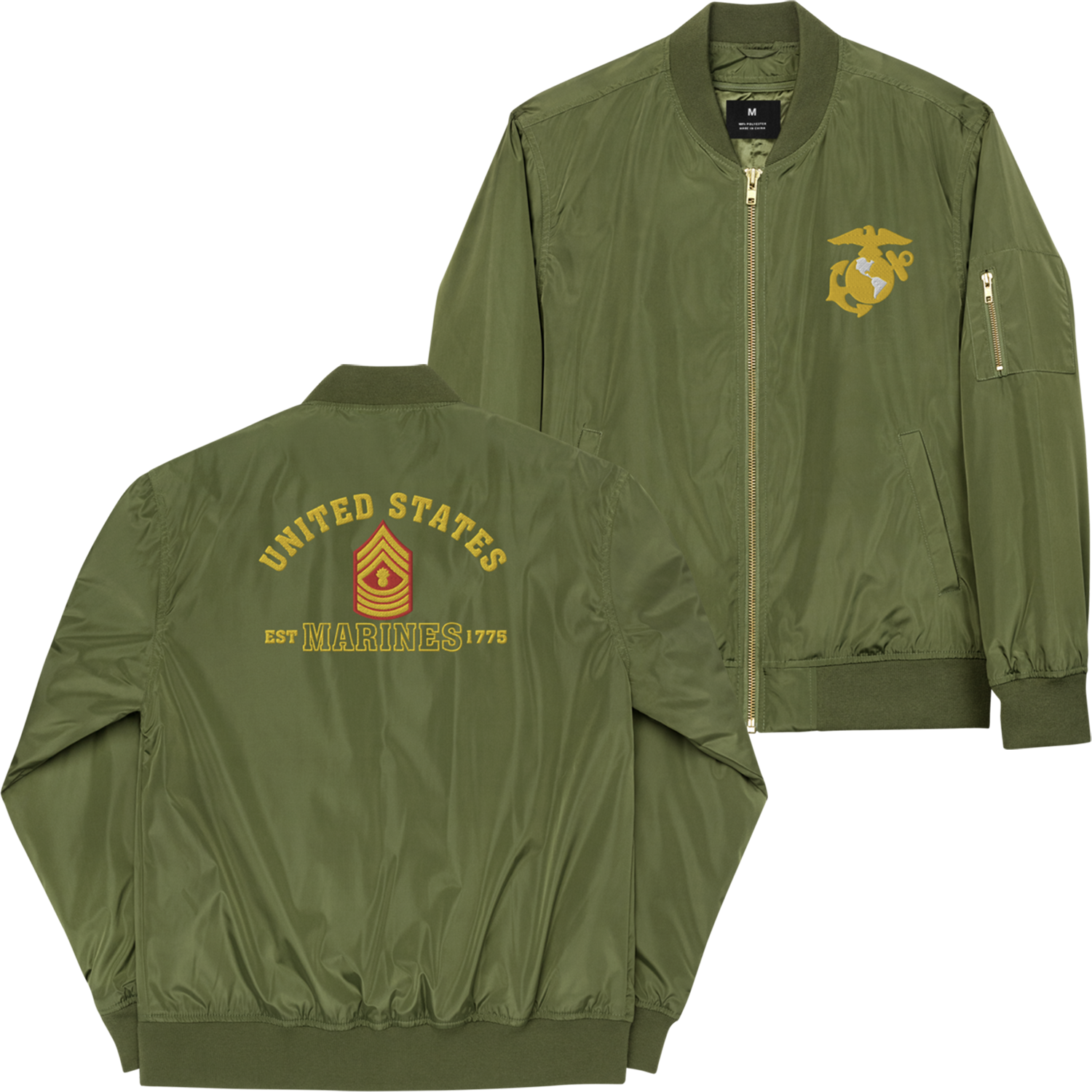 US Marines EST. 1775, Custom MARlNE Ranks, Insignia On Back, Embroidered Recycled Bomber Jacket