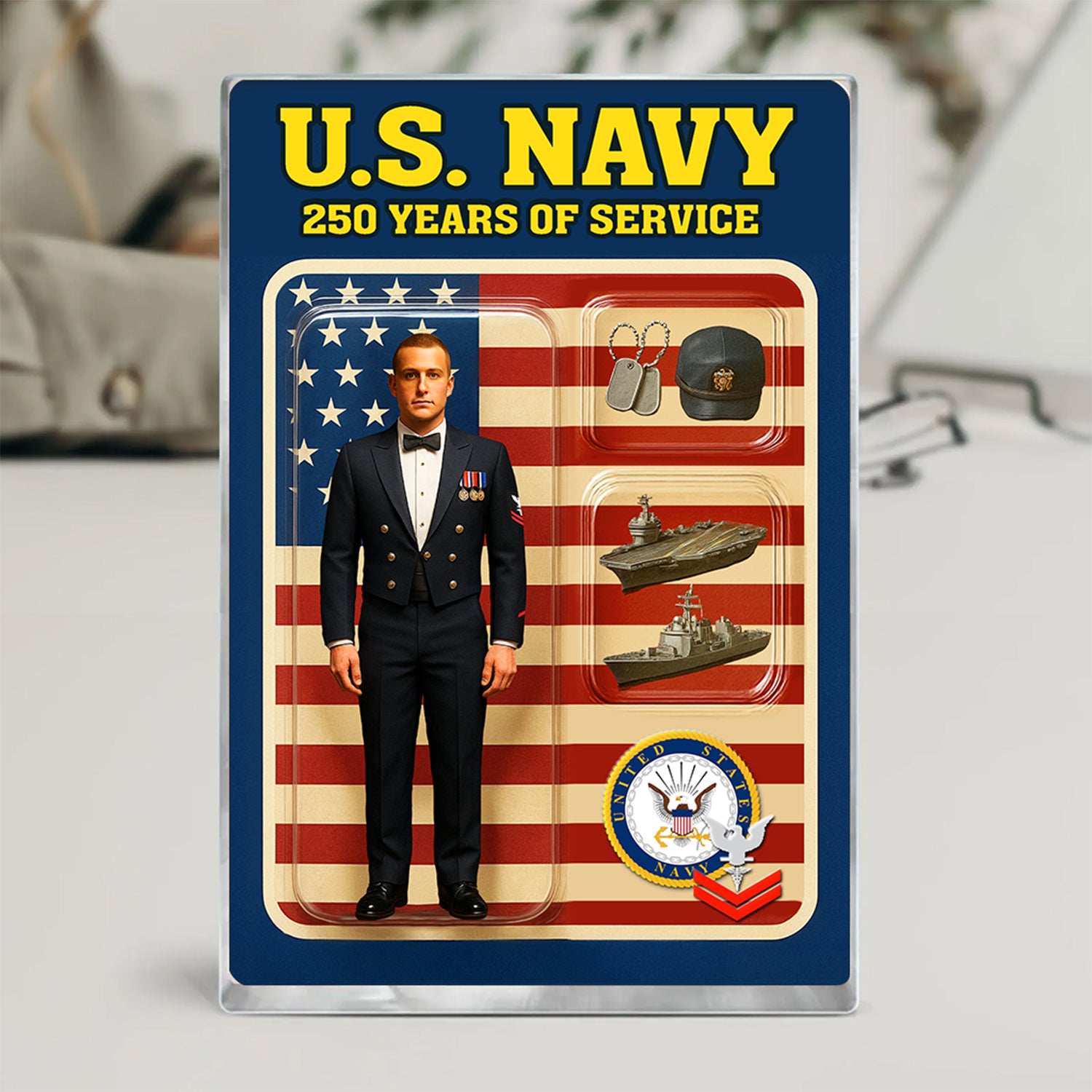 Personalized US Navy 250th Years Of Service Custom Figure Enlisted Dinner Dress Uniform Acrylic Block