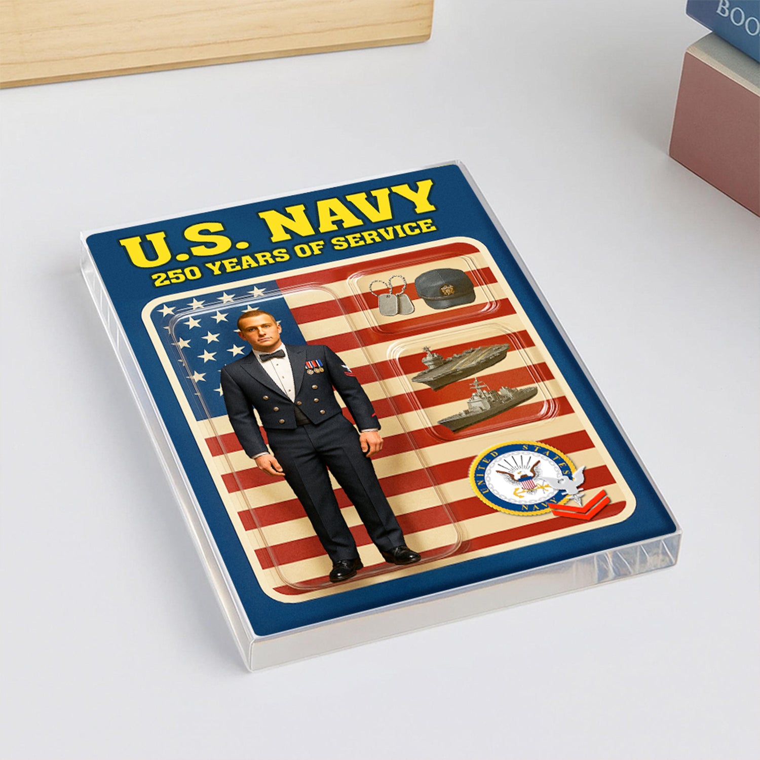 Personalized US Navy 250th Years Of Service Custom Figure Enlisted Dinner Dress Uniform Acrylic Block