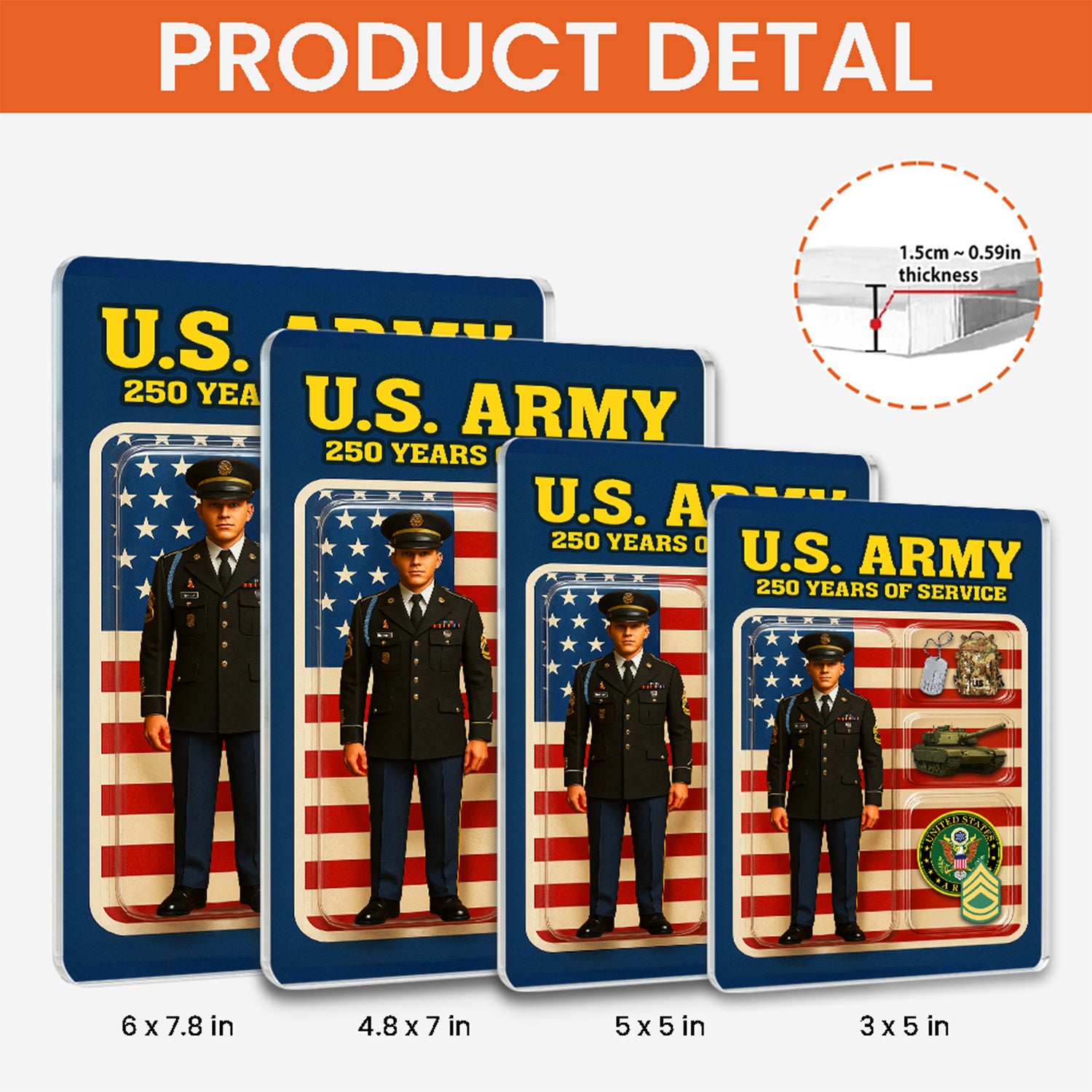 Personalized US Army 250th Years Of Service Custom Figure Male Army Enlisted Service Uniform Acrylic Block