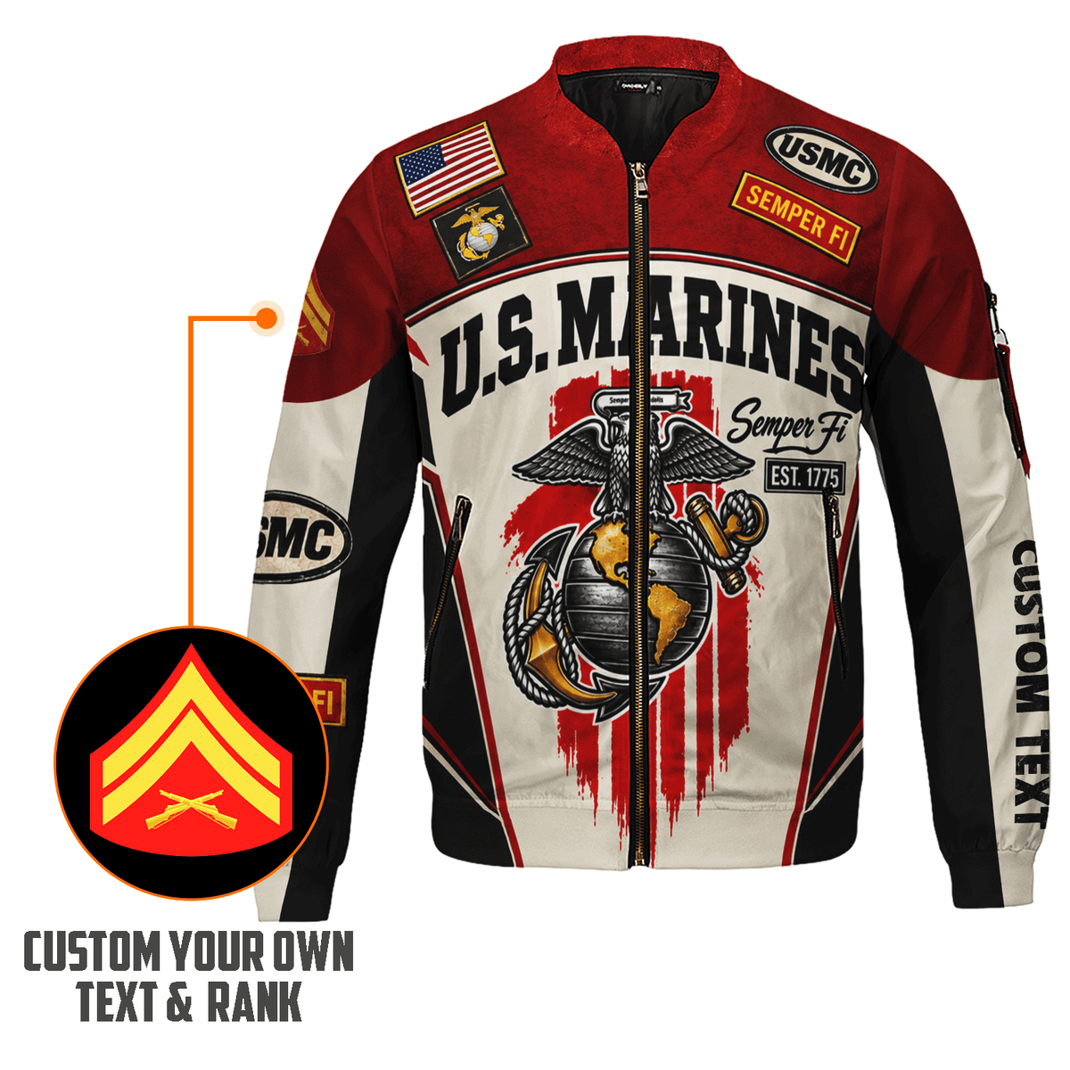 Personalized U.S. Marine Corps Bomber Jacket Custom Rank & Text Veteran Gift