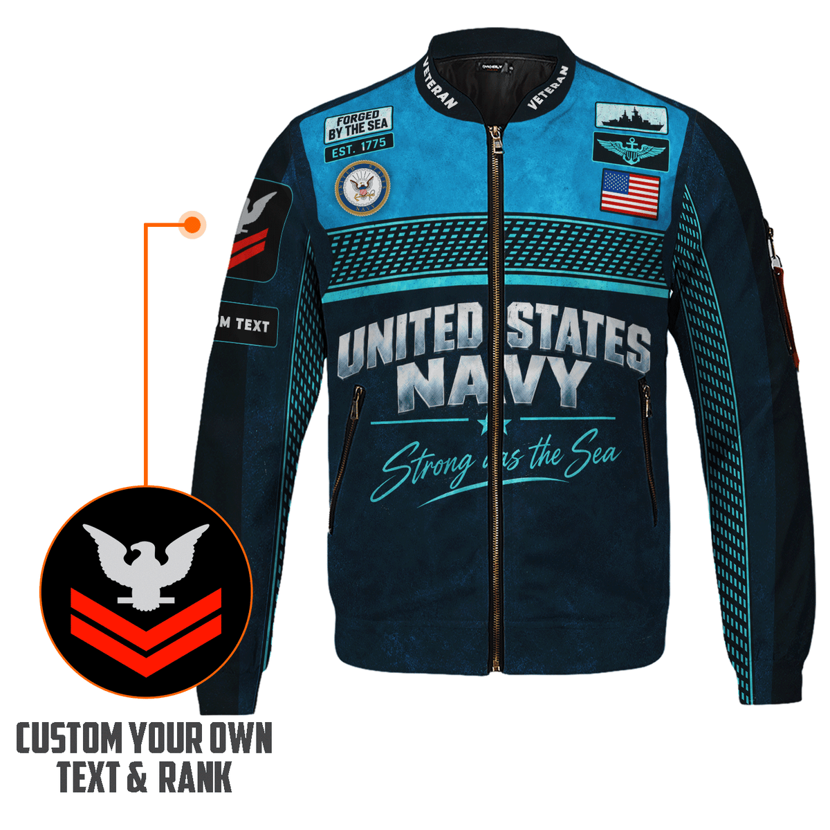 U.S. Navy Sailor Bomber Jacket Personalized Rank Text Military Apparel