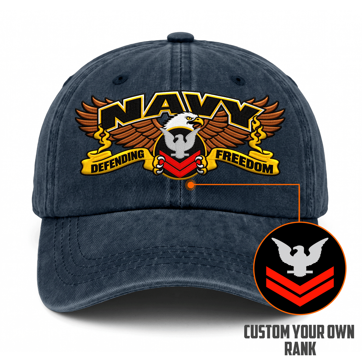Custom Navy Veteran Washed Cap Personalized Military Rank and Text