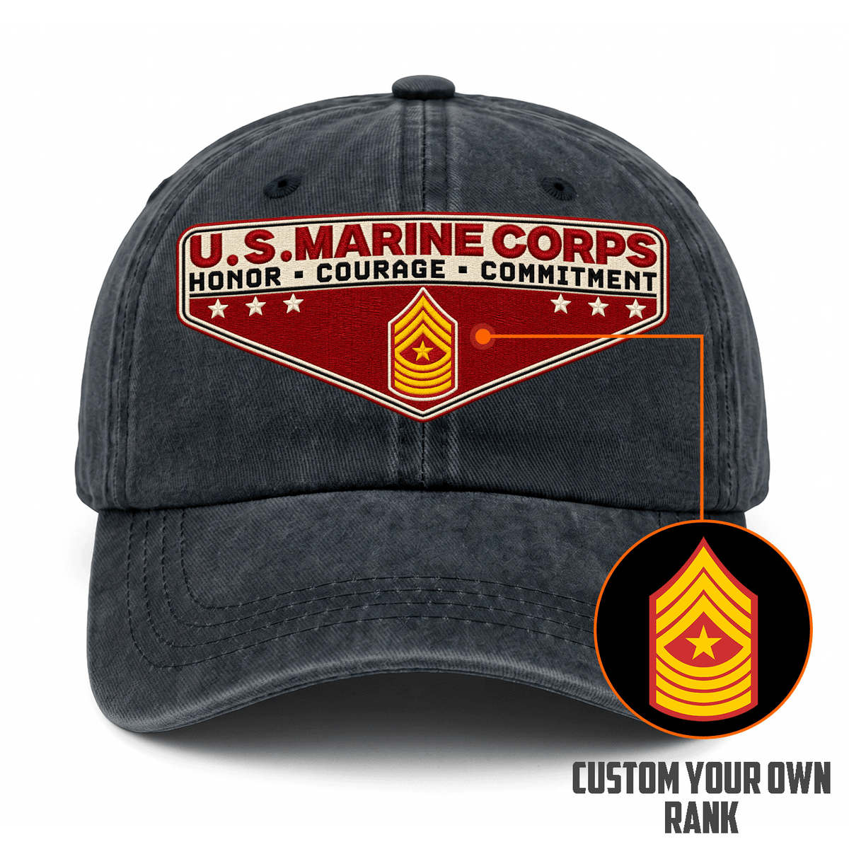 Personalized USMC Military Washed Cap Custom Rank and Text