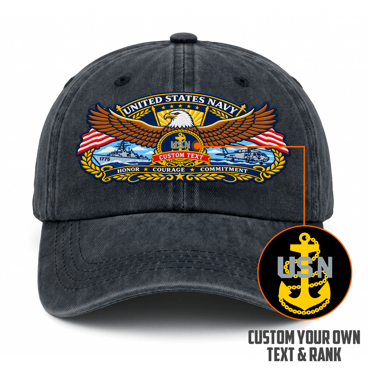 Custom Navy Embroidered Hat Personalized Veteran Rank and Text