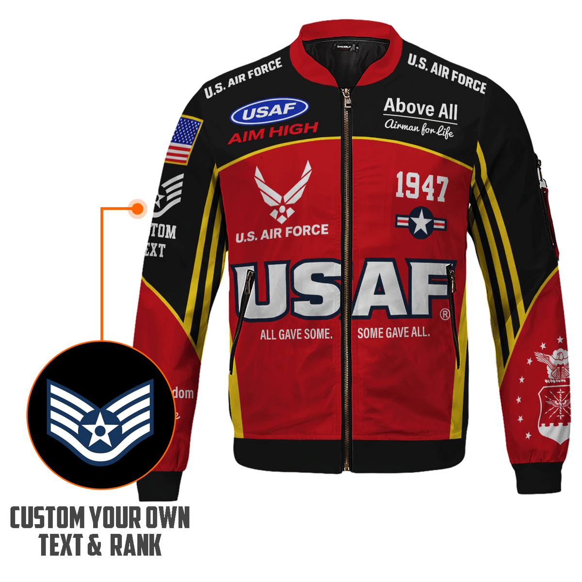 Personalized USAF Bomber Jacket Custom Airman Rank Name Veteran Apparel