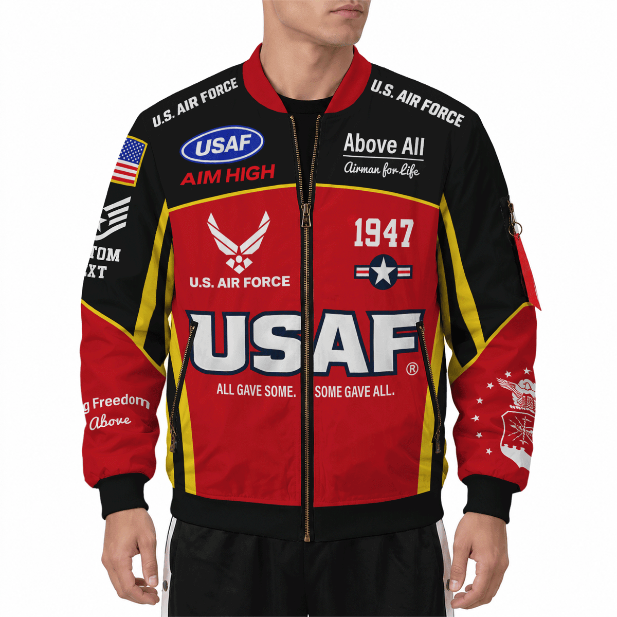 Personalized USAF Bomber Jacket Custom Airman Rank Name Veteran Apparel