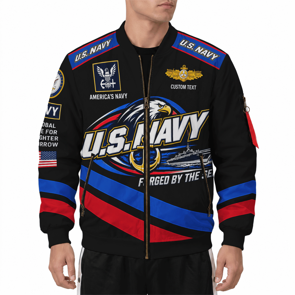 U.S. Navy Veteran All-Over Print Bomber Jacket Custom Rank & Text
