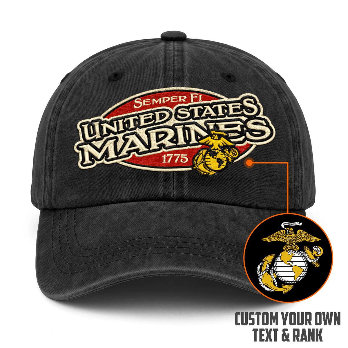 Custom Marine Veteran Washed Cap Personalized Military Rank and Text
