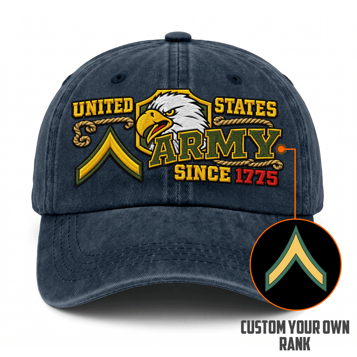 Personalized U.S. Army Washed Cap Custom Rank Text Gift