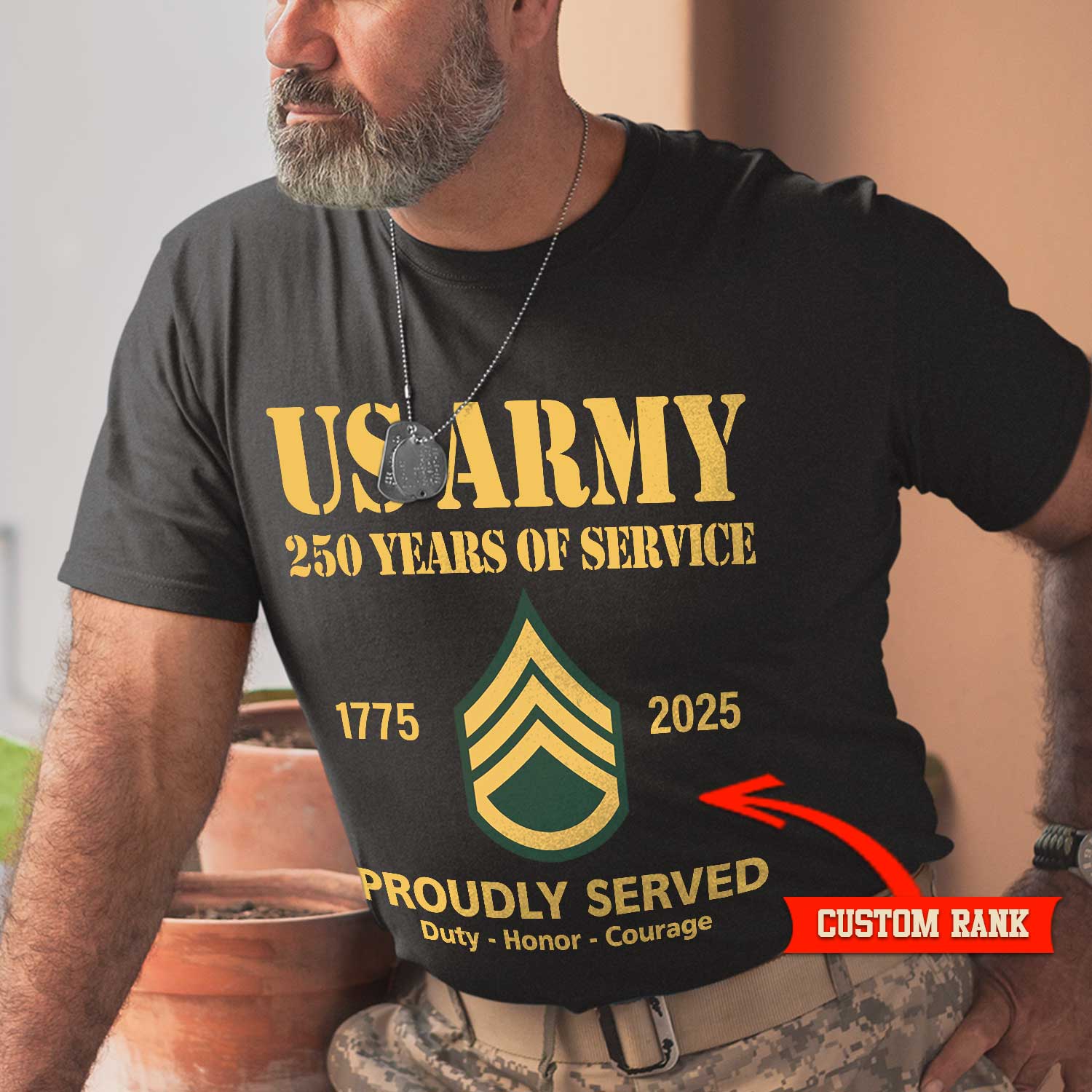 US Army 250 Years Of Service Custom Ranks/Insignia Front T-Shirt