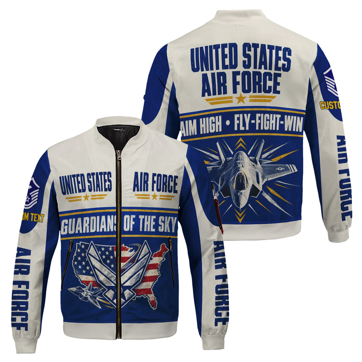 Personalized USAF Airman Bomber Jacket Custom Rank Text Military Veteran Gift