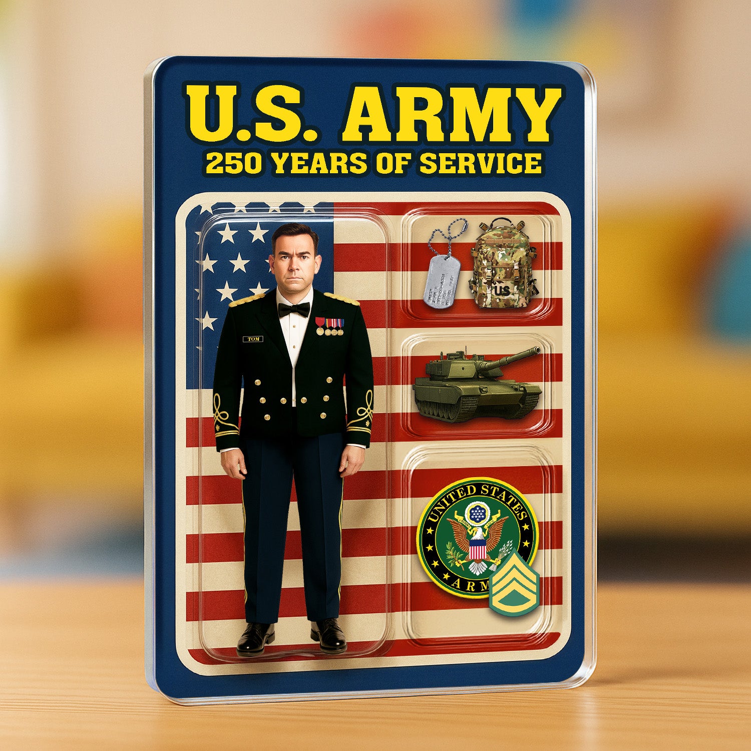 Personalized US Army 250th Years Of Service Custom Figure Male Army Officer Blue Mess Dress Uniform Acrylic Block