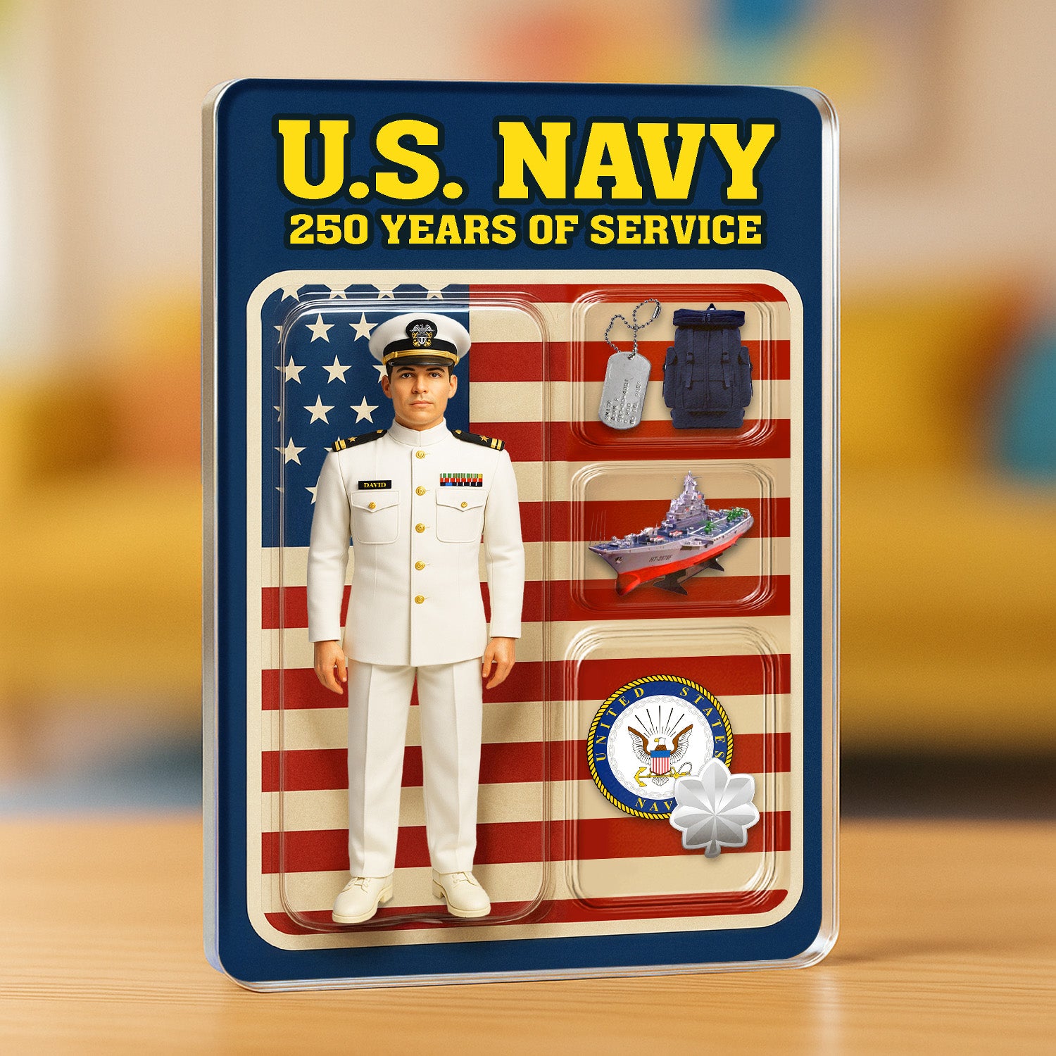 Personalized US Navy 250th Years Of Service Custom Figure Service Dress White Acrylic Block