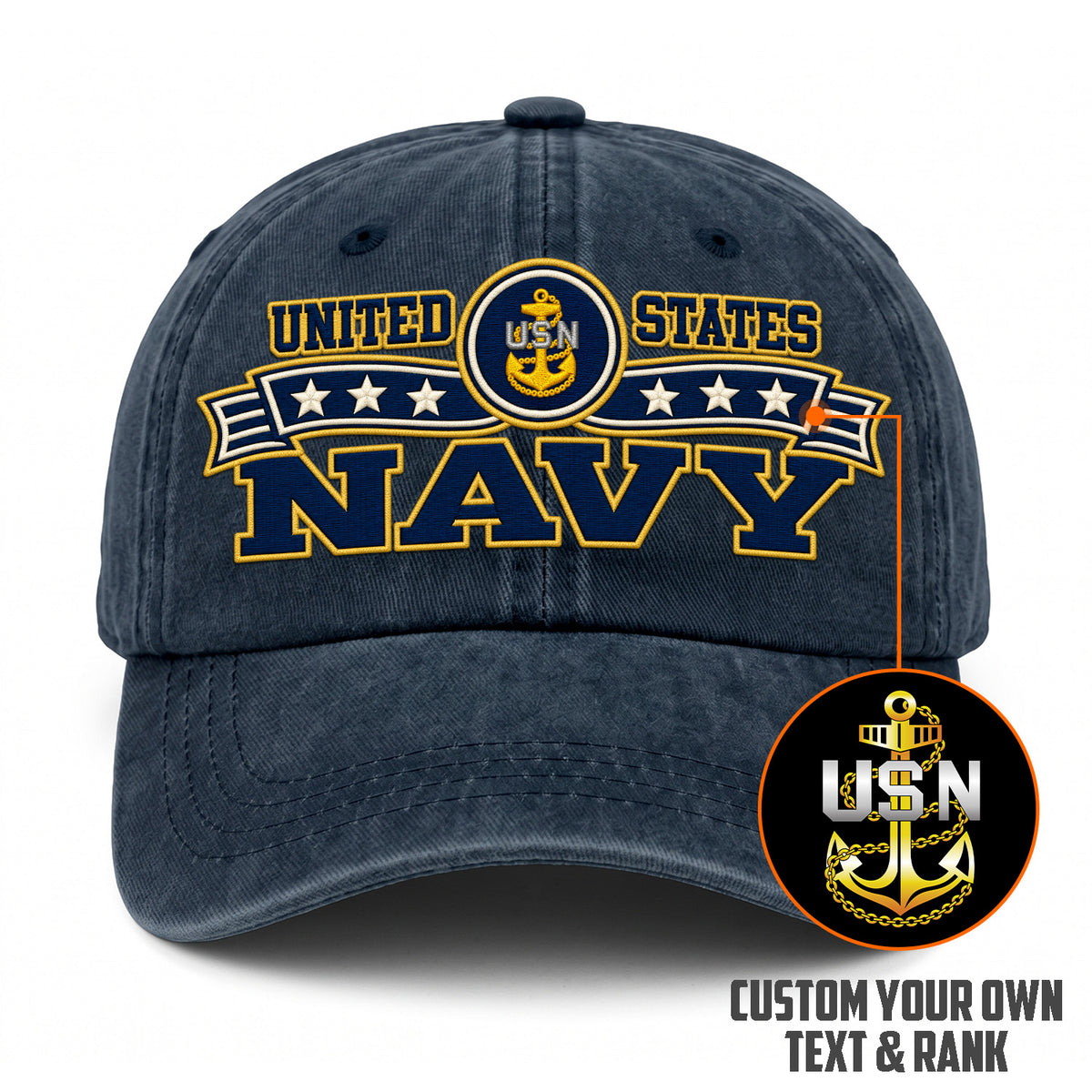 Personalized Navy Military Washed Cap Custom Rank and Text
