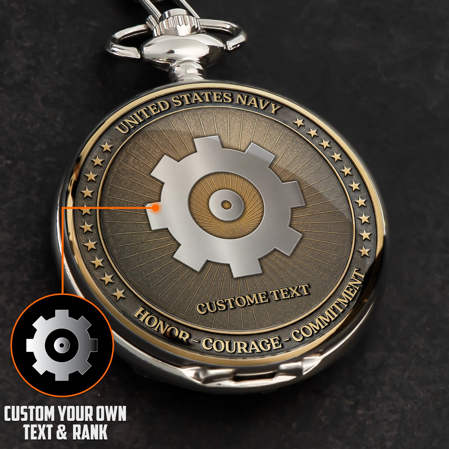 US Navy 250th Anniversary Pocket Watch Personalized Rank and Text