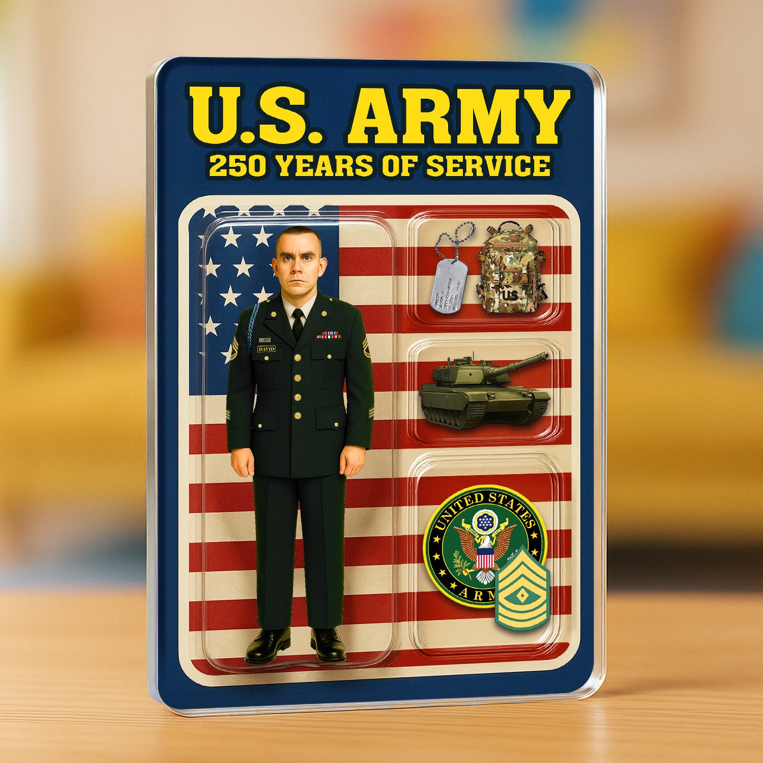 Personalized US Army 250th Years Of Service Custom Figure Male Enlisted Army Green Uniform Acrylic Block