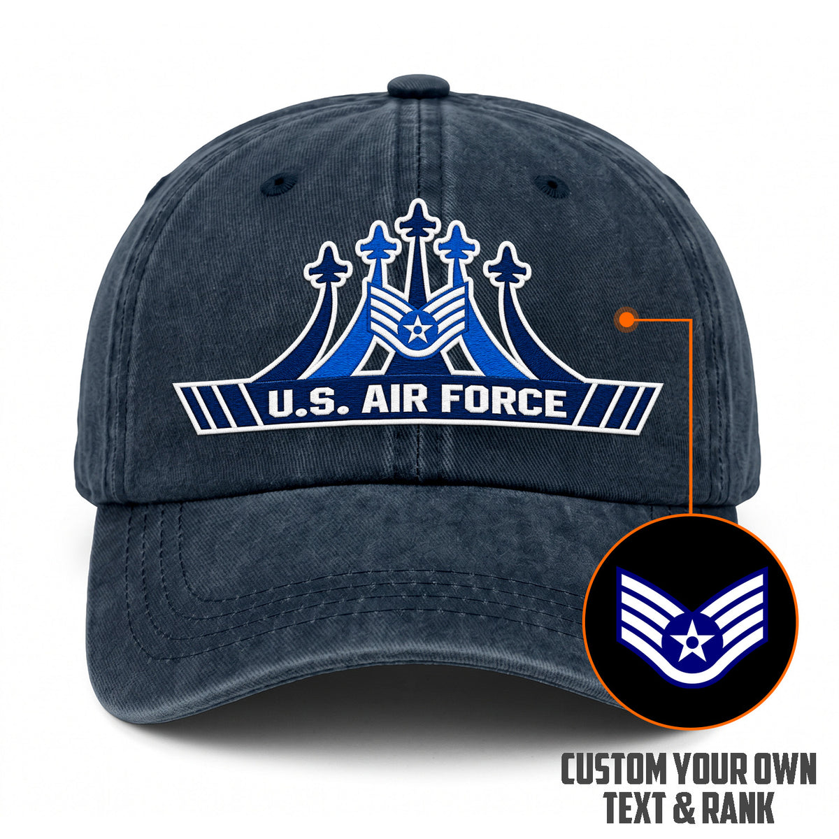 Personalized Air Force Military Washed Cap Custom Rank and Text