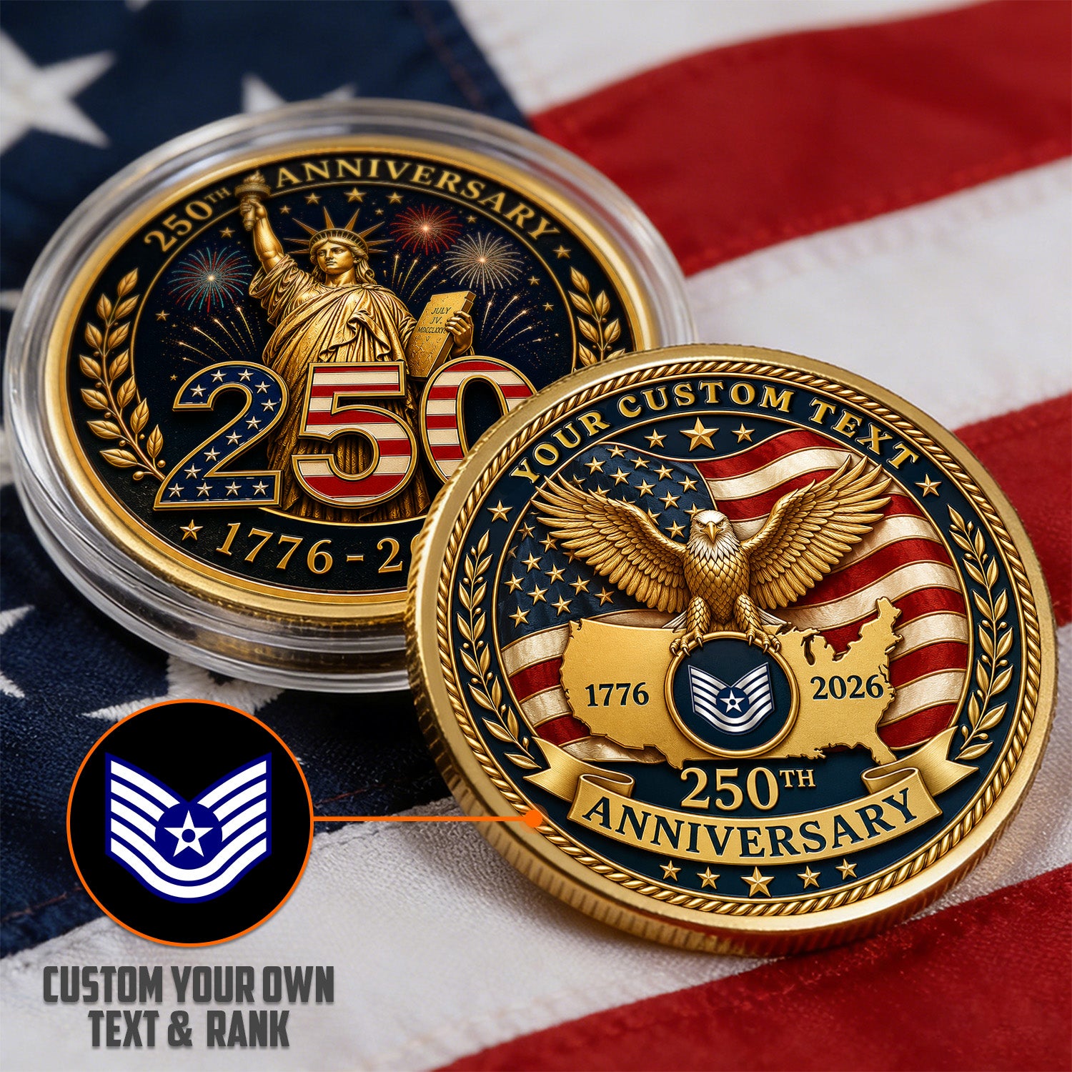 USA 250th Anniversary Custom USAF Text Rank 3D Challenge Coin