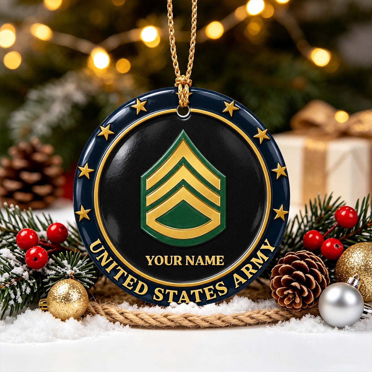 U.S. Army 3D Ceramic Ornament Custom Rank Text Military Keepsake