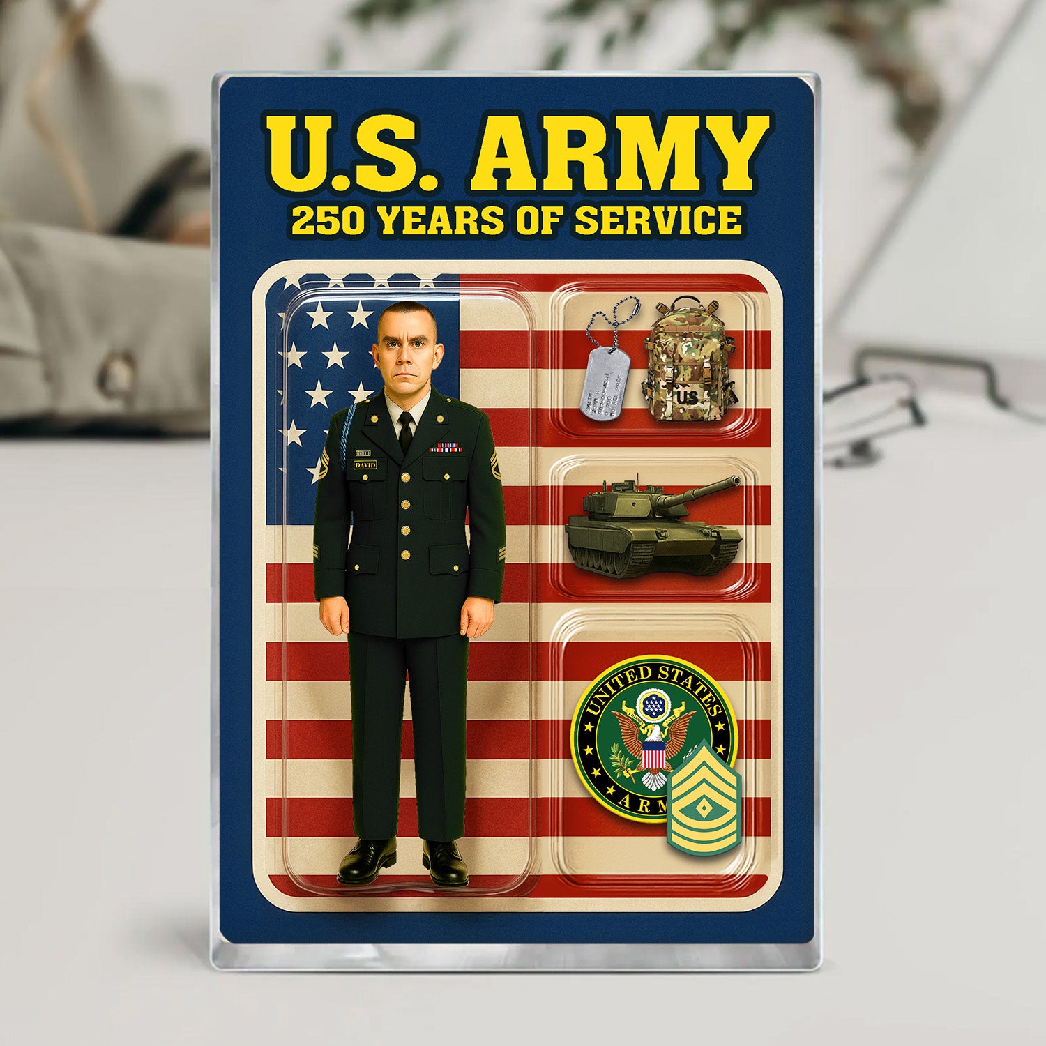 Personalized US Army 250th Years Of Service Custom Figure Male Enlisted Army Green Uniform Acrylic Block