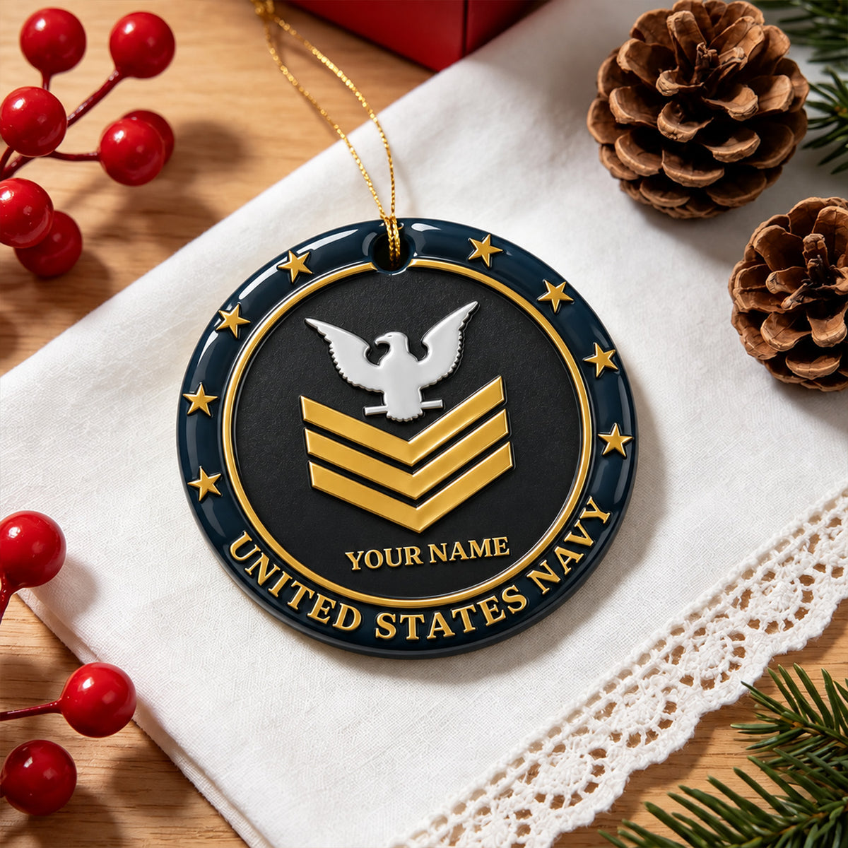 Custom Navy 3D Relief Ornament Personalized Rank and Custom Text
