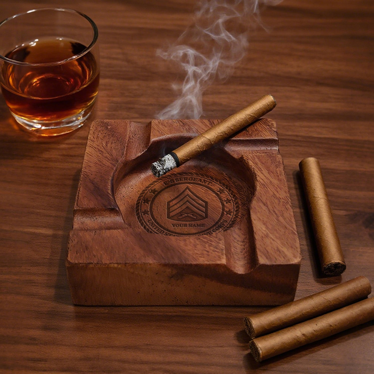 Personalized Marine Corps Wooden Ashtray Custom Military Rank and Text