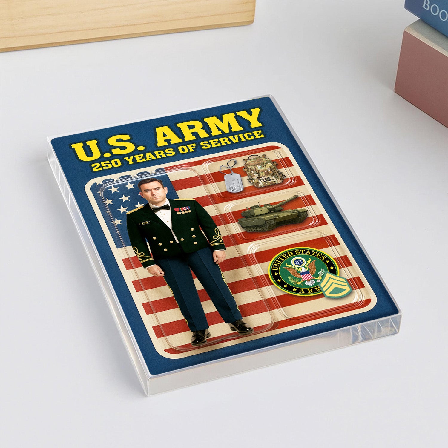 Personalized US Army 250th Years Of Service Custom Figure Male Army Officer Blue Mess Dress Uniform Acrylic Block