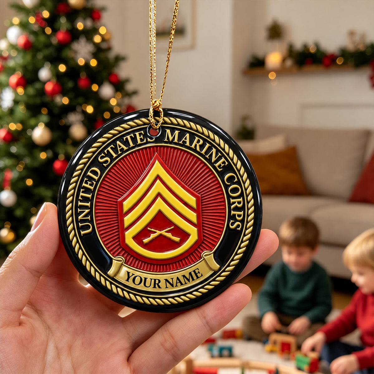 Personalized USMC 3D Relief Ceramic Ornament Custom Rank and Text