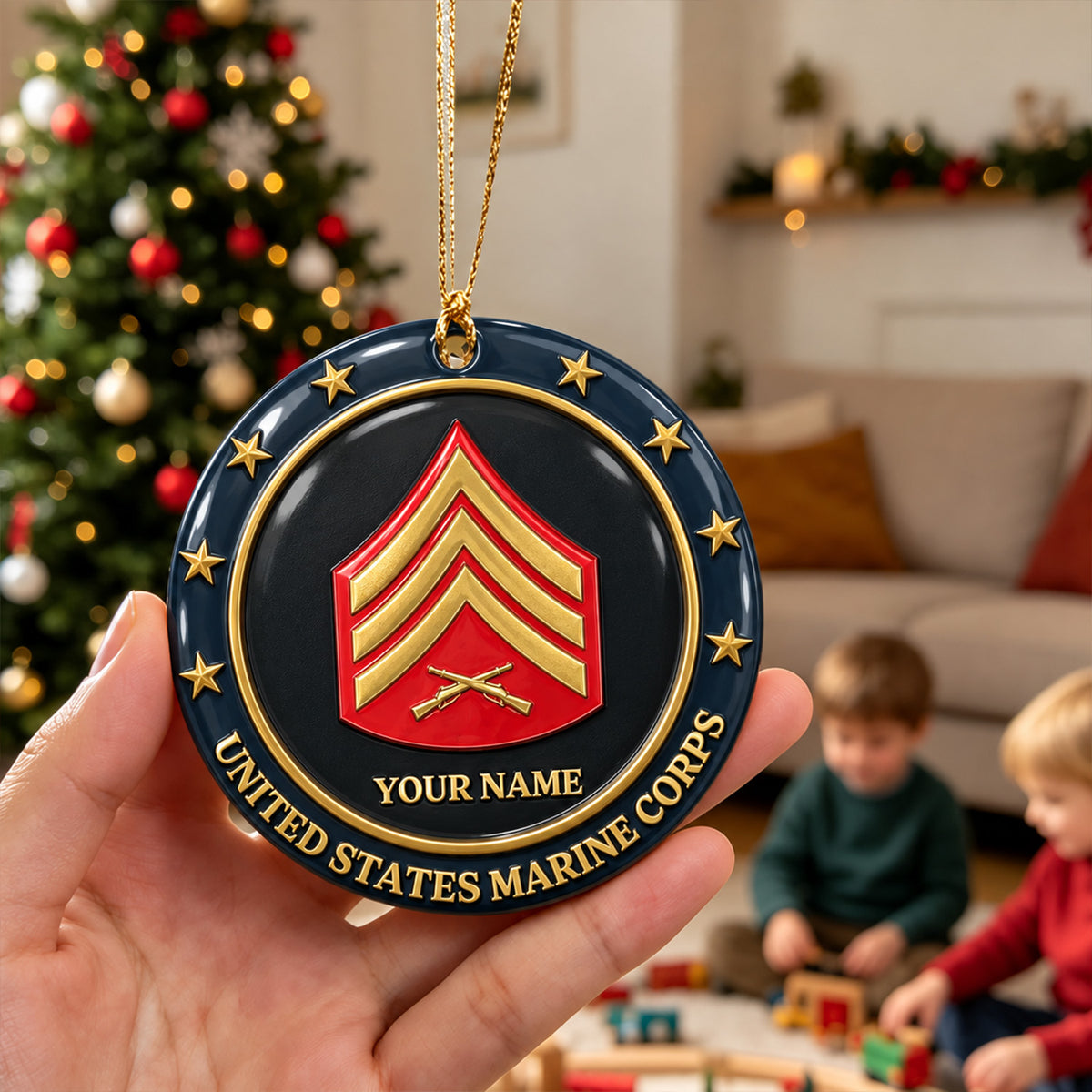 USMC 3D Ceramic Ornament Custom Military Rank Text Keepsake