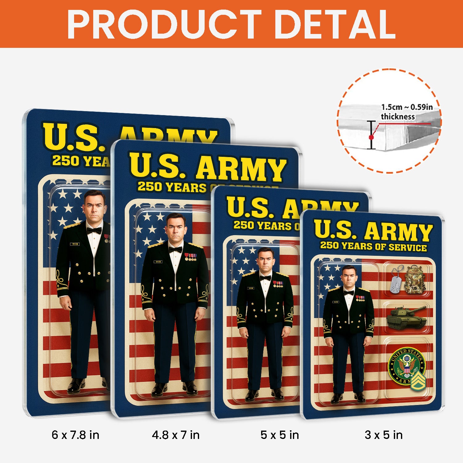 Personalized US Army 250th Years Of Service Custom Figure Male Army Officer Blue Mess Dress Uniform Acrylic Block
