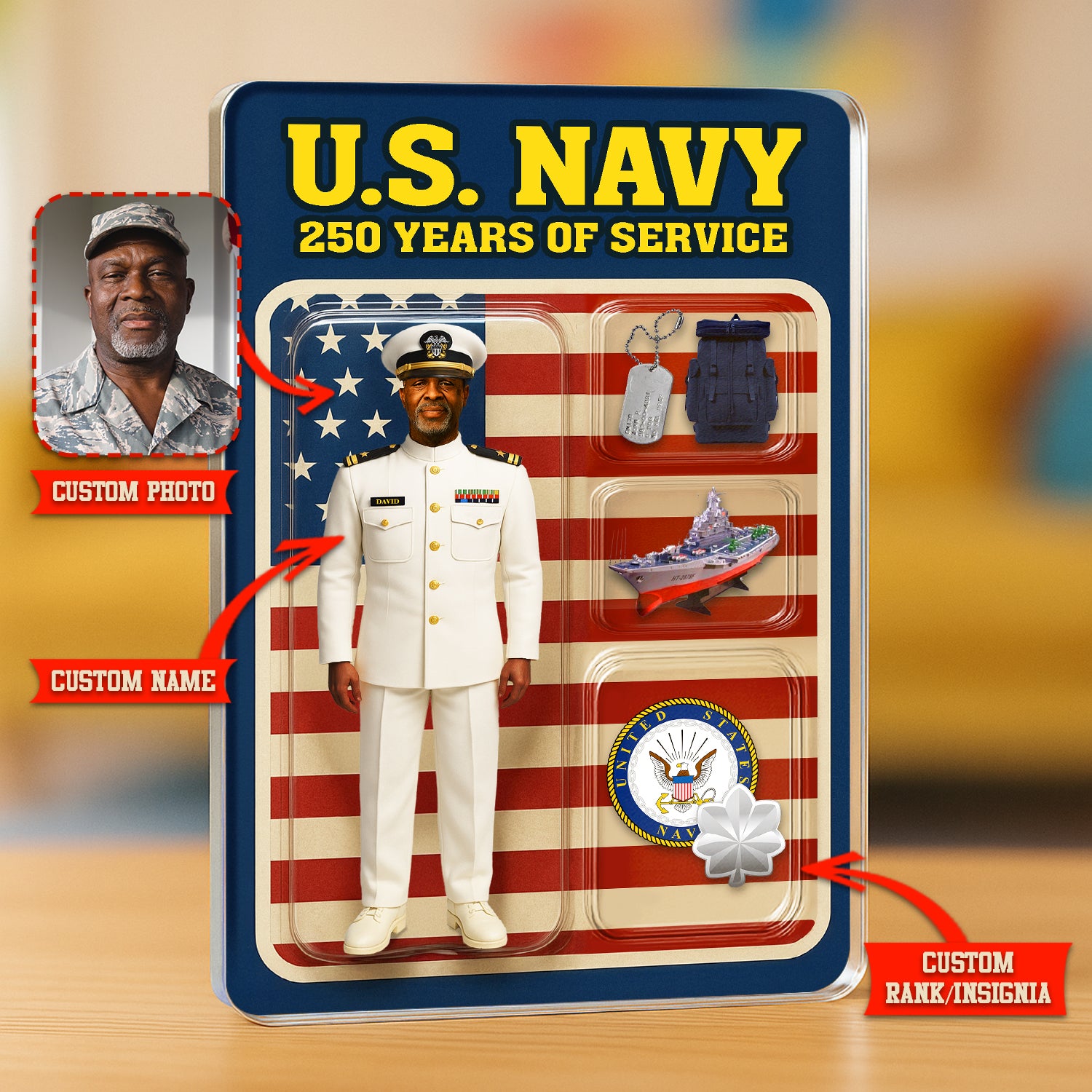 Personalized US Navy 250th Years Of Service Custom Figure Service Dress White Acrylic Block