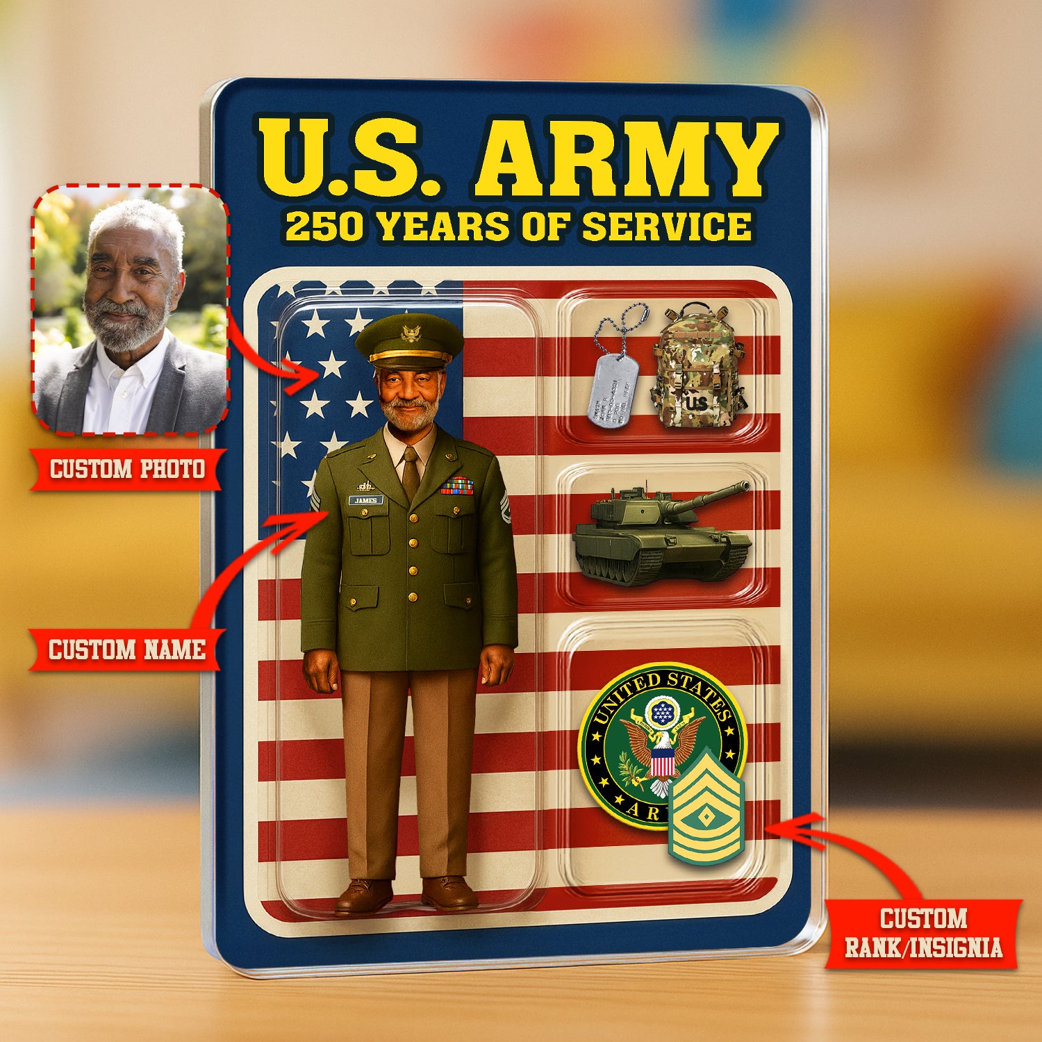 Personalized US Army 250th Years Of Service Custom Figure Army Green Service Uniform Acrylic Block