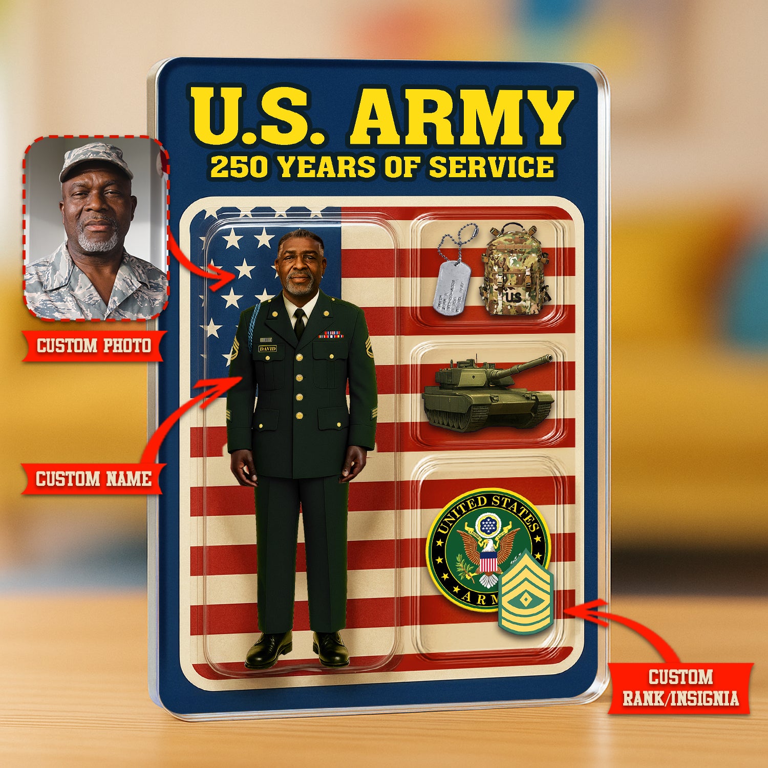 Personalized US Army 250th Years Of Service Custom Figure Male Enlisted Army Green Uniform Acrylic Block