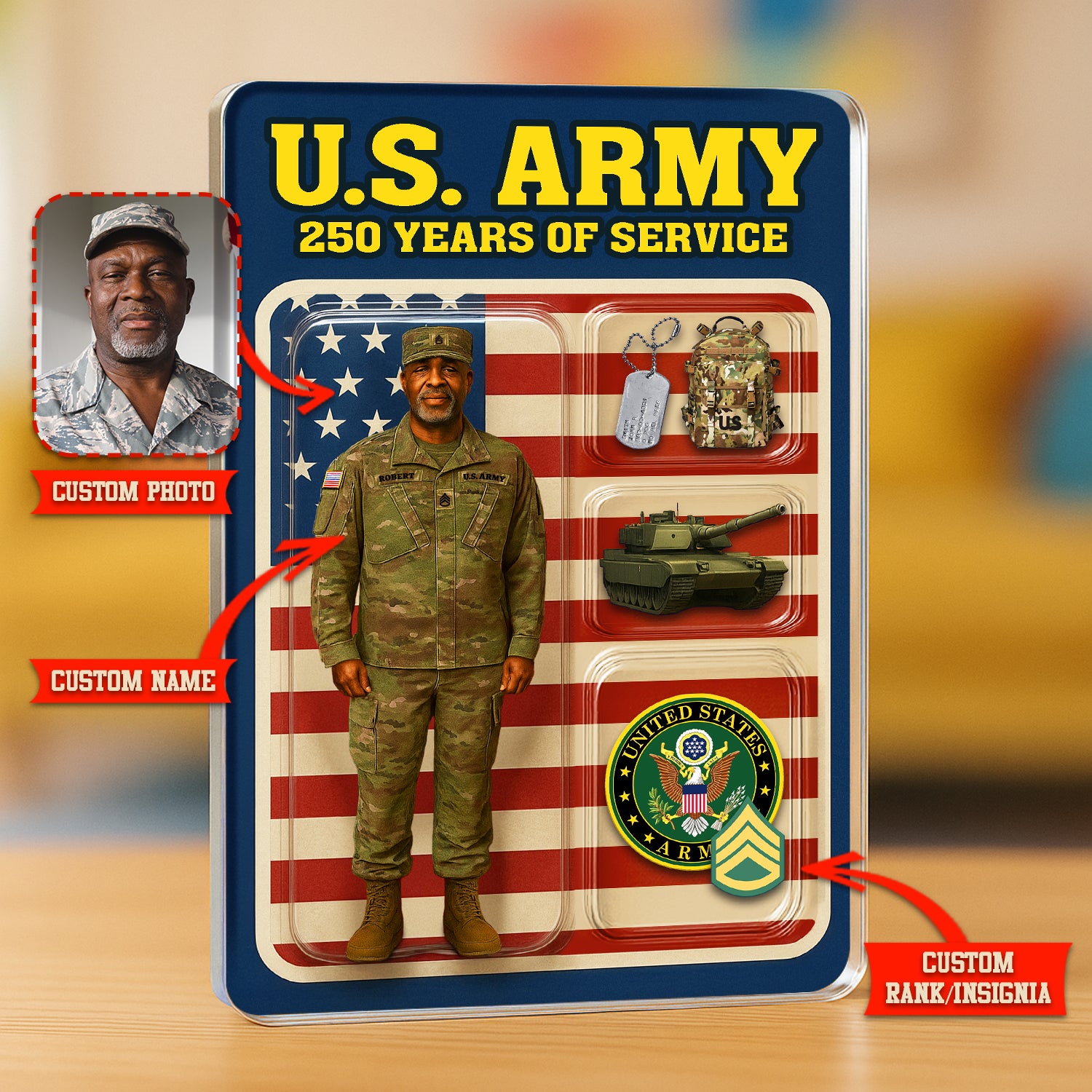 Personalized US Army 250th Years Of Service Custom Figure Army Combat Uniform Acrylic Block