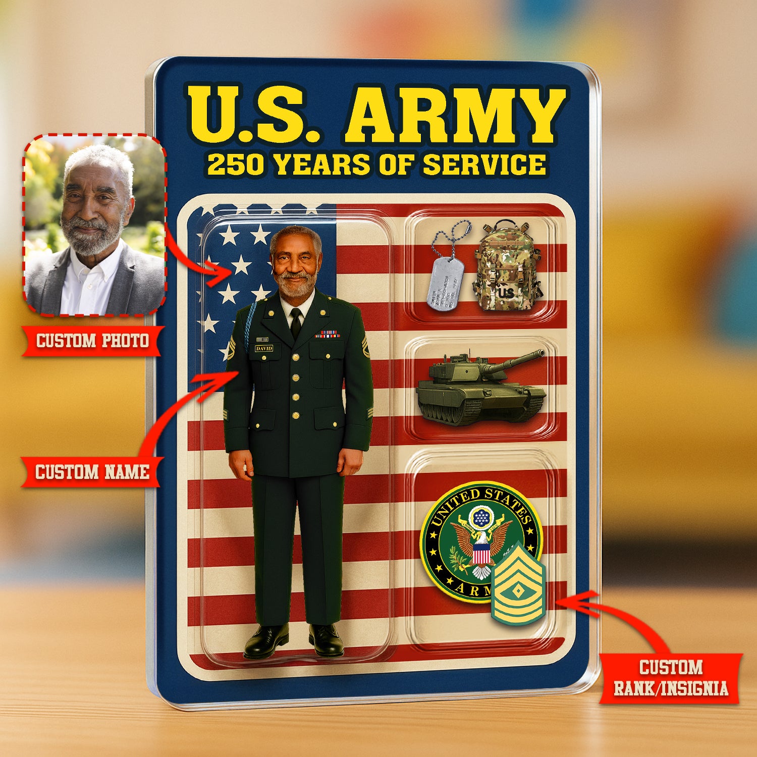Personalized US Army 250th Years Of Service Custom Figure Male Enlisted Army Green Uniform Acrylic Block