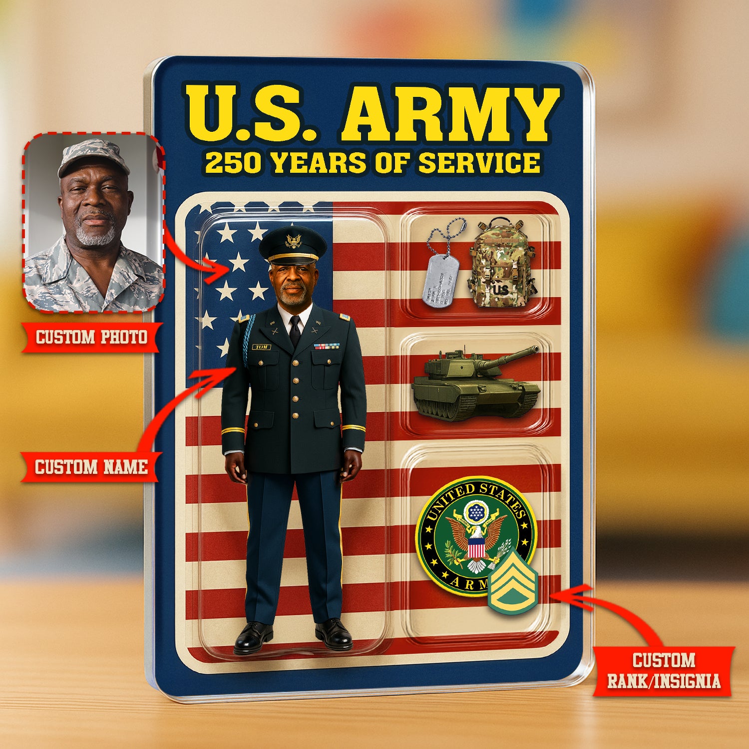 Personalized US Army 250th Years Of Service Custom Figure Male Army Officer Service Uniform Acrylic Block