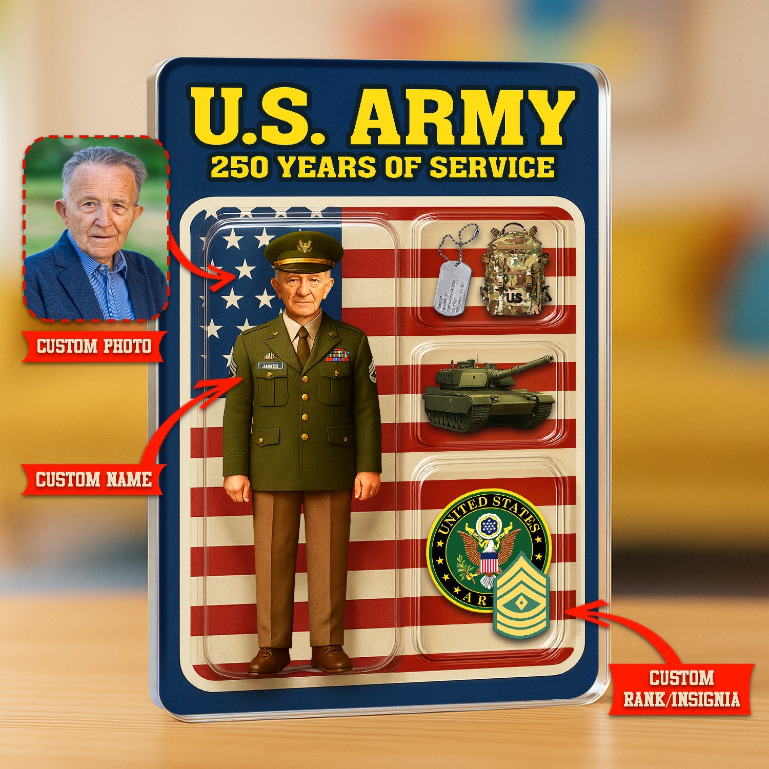 Personalized US Army 250th Years Of Service Custom Figure Army Green Service Uniform Acrylic Block