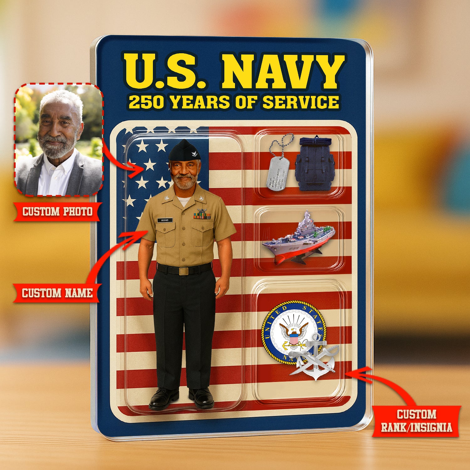 Personalized US Navy 250th Years Of Service Custom Figure Enlisted Service Uniform Acrylic Block