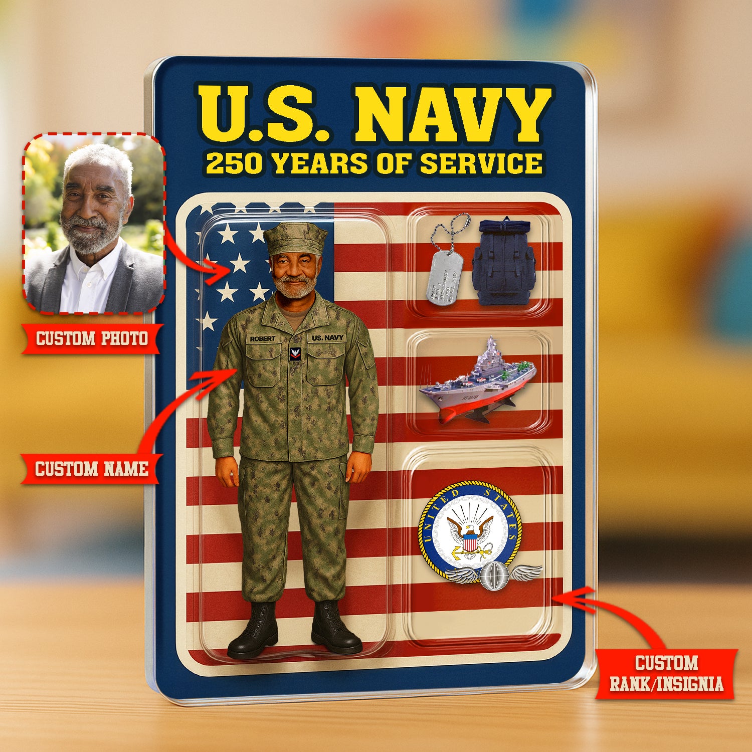 Personalized US Navy 250th Years Of Service Custom Figure Enlisted Working Uniform Acrylic Block