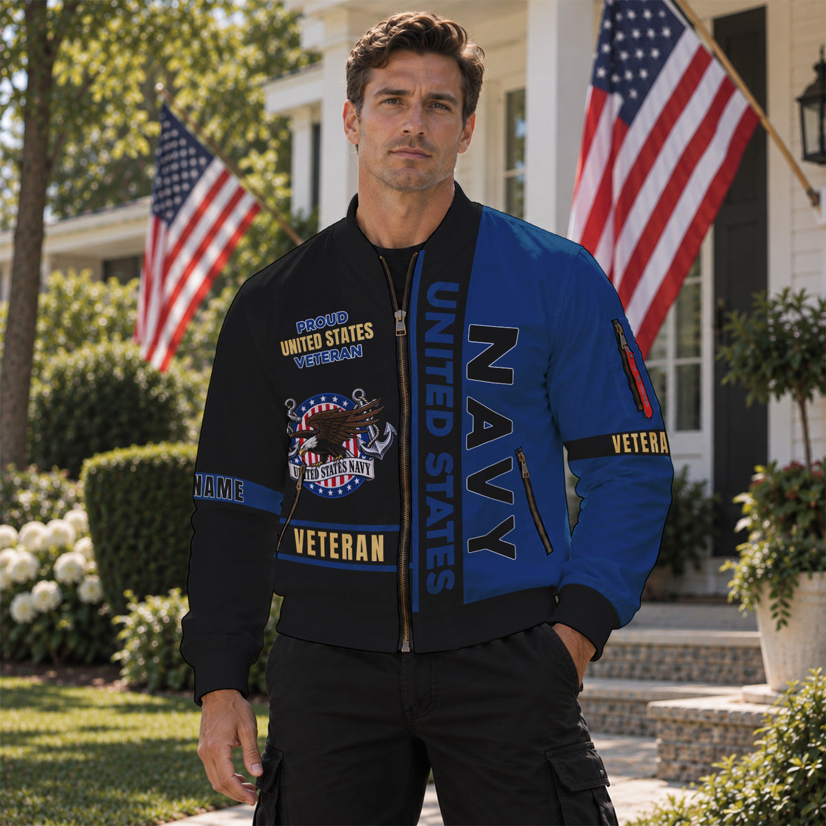 Personalized US Navy Bomber Jacket Custom Service Rank & Name